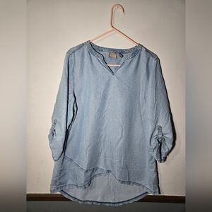 Chicos Womens 3/4 Length Sleeve Asymmetrical Denim Light Blue Top Size 2
